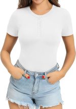 MANGOPOP Women's Round Neck Button Down Short Sleeve Long Sleeve Bodysuit Slim Fit Tops - Image 2
